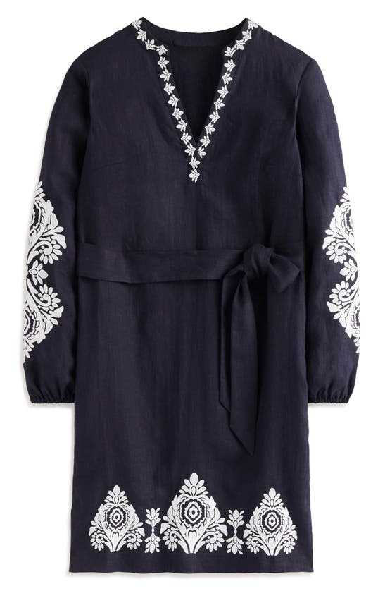 Shop Boden Cleo Embroidered Long Sleeve Linen Dress In Navy White