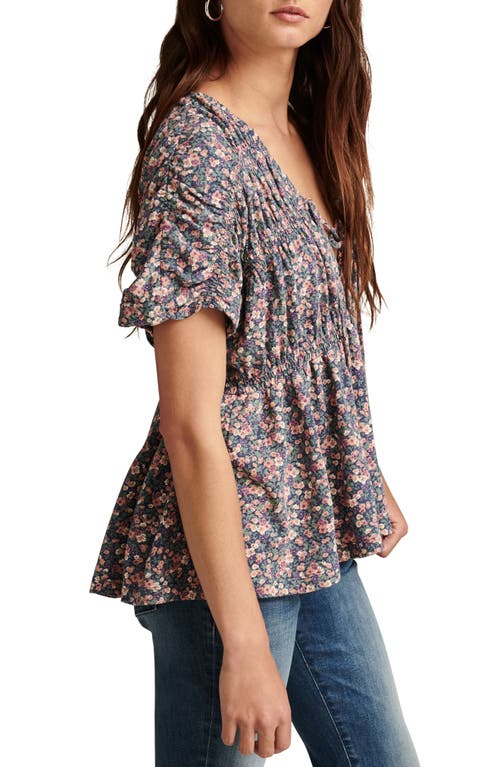 Shop Lucky Brand Print Smocked Tie Neck Peplum Top In Blue Floral