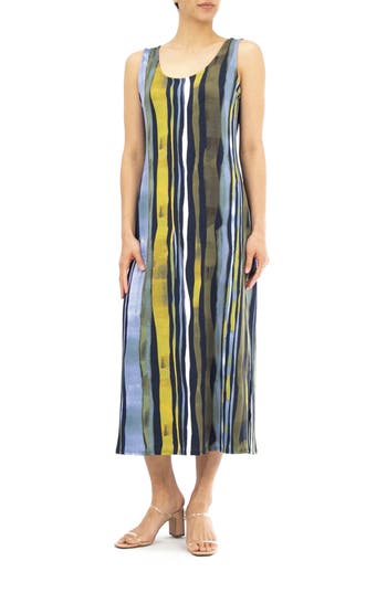 Shop Nina Leonard Stripe Print Maxi Dress In Moss/navy