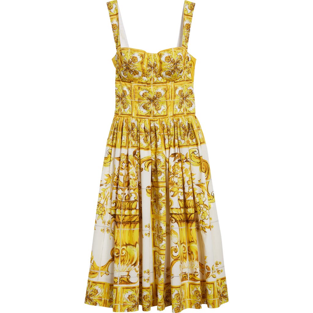 Shop Dolce & Gabbana Dolce&gabbana Blu Mediterraneo Bustier Poplin Sundress In Mix Maiolica Giallo
