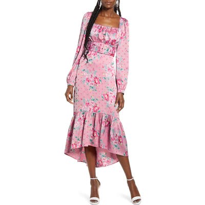 Wayf Floral Belted Bustier Long Sleeve Satin Ruffle Dress, Pink
