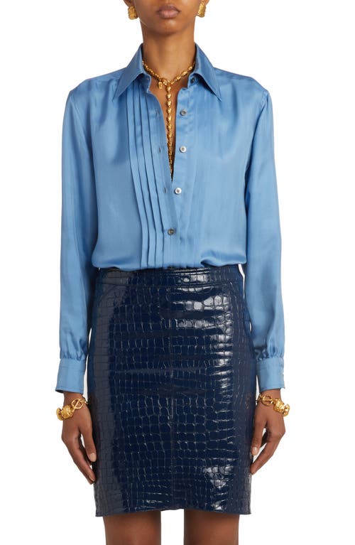 TOM FORD Pleated Twill Button-Up Shirt Stone Blue at Nordstrom, Us