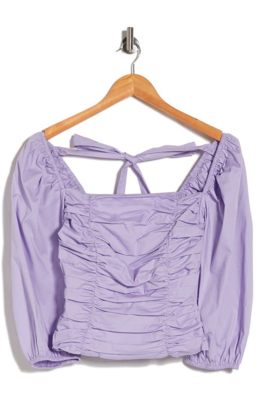 Wayf Gathered Puff Sleeve Stretch Cotton Top In Lavender