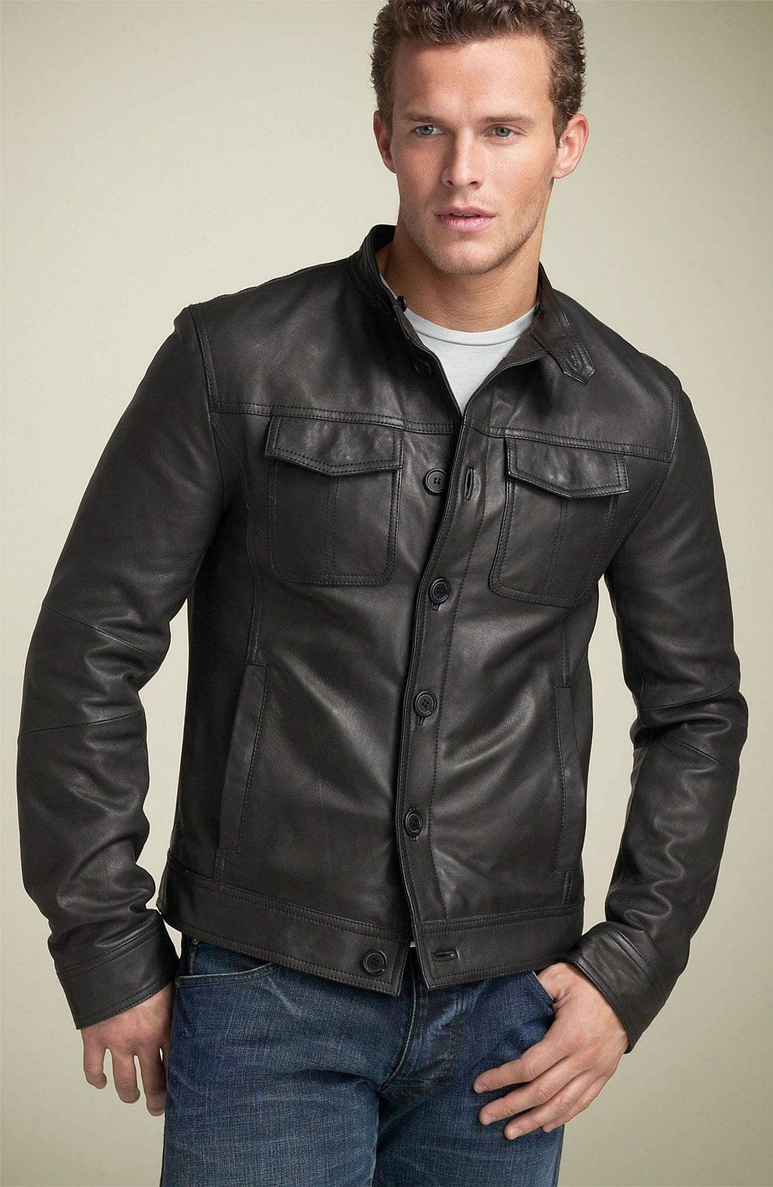 Armani Jeans Leather Jacket with Removable Collar Nordstrom