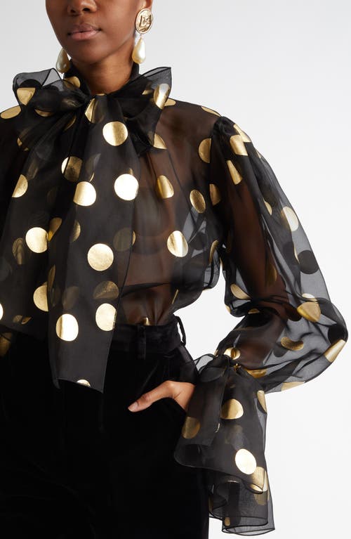 Shop Dolce & Gabbana Dolce&gabbana Polka Dot Bow Bell Sleeve Sheer Silk Top In Hnlm0 Oro Nero