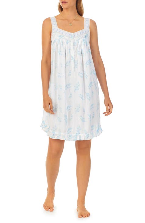 New $74 Eileen West Turquoise/White SOFT Modal RUFFLED HEM Waltz Nightgown  Sz L