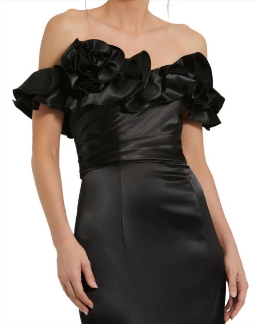 Mac Duggal Satin Ruffle Detail Off The Shoulder Mermaid Gown In Black