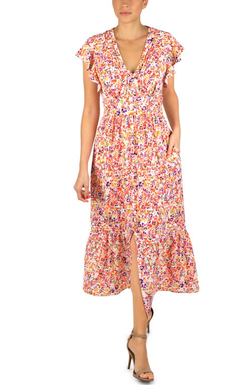 Julia Jordan Floral Flutter Sleeve Button Front Dress Red Multi at Nordstrom,