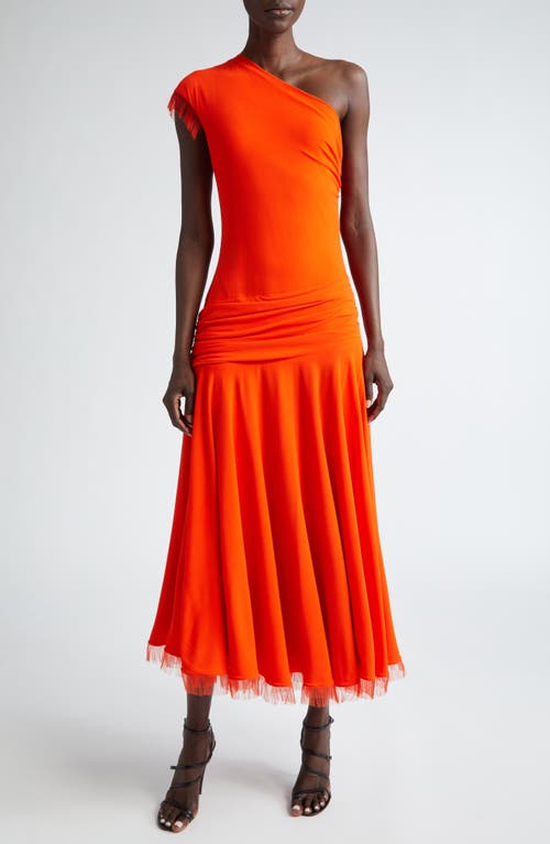 Tess One-Shoulder Fringe Gown in Red Orange