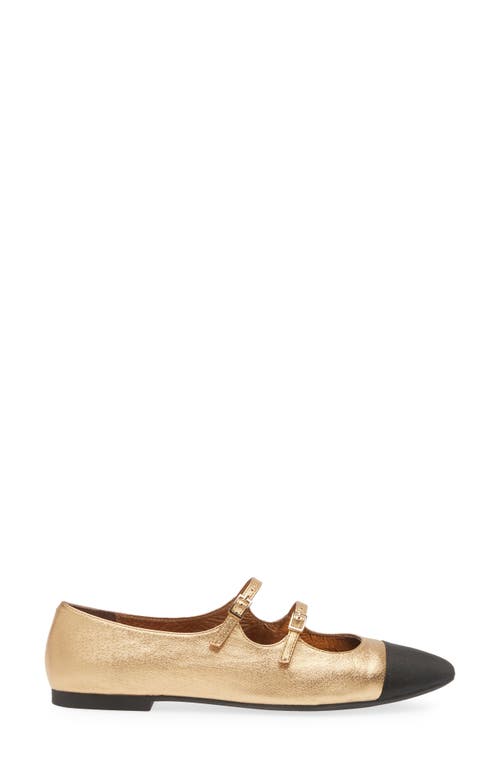 Shop Jeffrey Campbell Satine Double Strap Metallic Mary Jane Flat In Gold/black Fabric