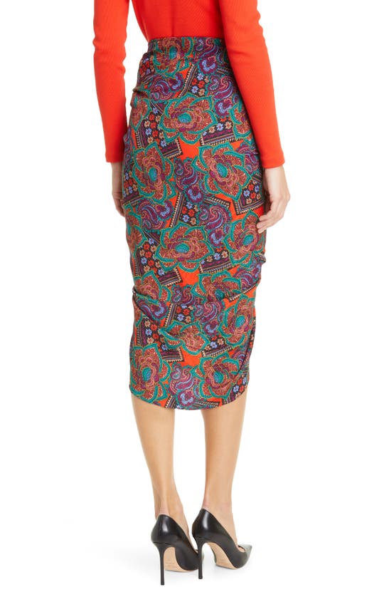 Shop Veronica Beard Ari Floral Paisley Ruched Silk Blend Skirt In Flame Red Multi