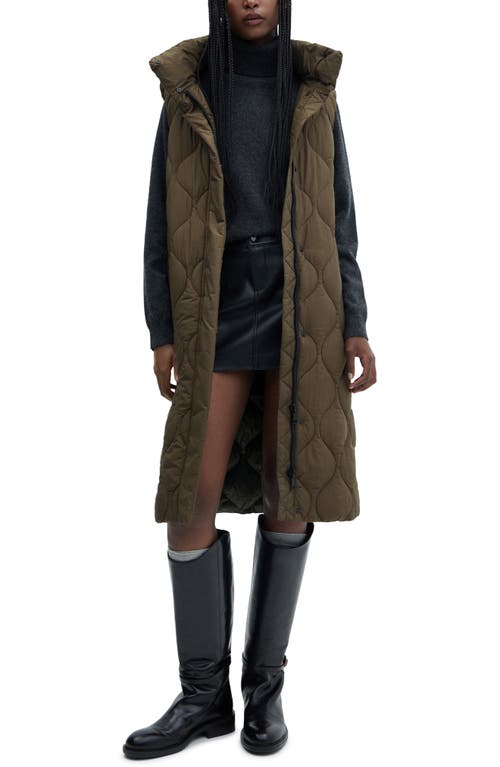 MANGO Hooded Longline Water Repellent Quilted Vest Khaki at Nordstrom,