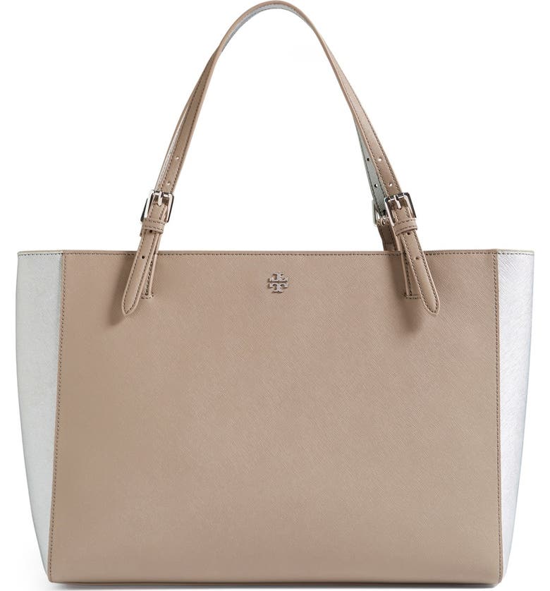 TORY BURCH 'York' Colorblock Buckle Tote, Main, color, FRENCH GREY/ SILVER