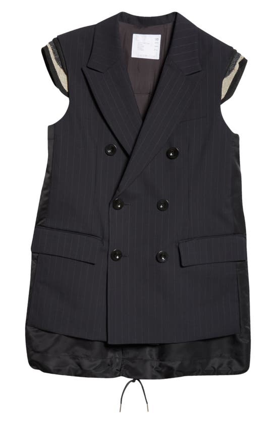 Shop Sacai Pinstripe Mixed Media Double Breasted Vest In Navy