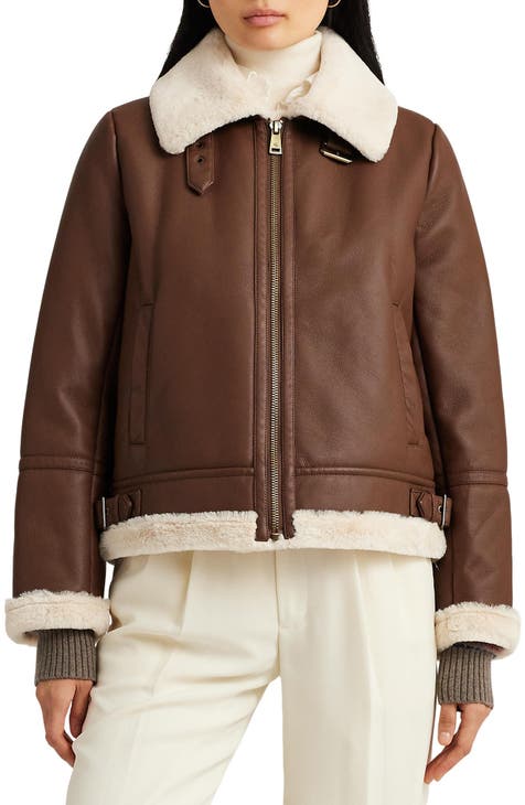 Topshop Petite Faux Leather Shearling Lined Biker Jacket In Brown, UK 8,  New