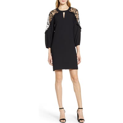 Cece Ruffled Floral Mesh Dress, Black