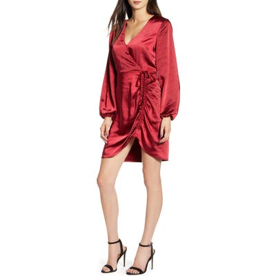 Cupcakes & Cashmere Brooklyn Faux Wrap Long Sleeve Satin Dress, Red