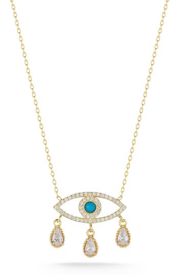 Sphera Milano 14k Over Silver Turquoise Cz Evil Eye Necklace In Gold