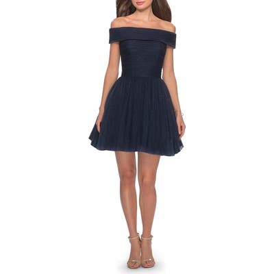 La Femme Off The Shoulder Tulle & Rhinestone Party Dress, Blue