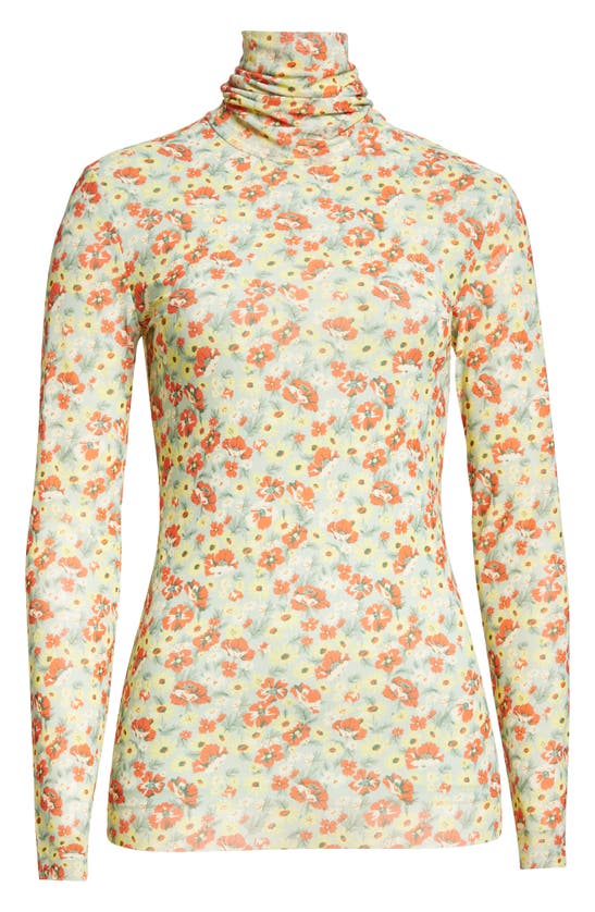 Ganni Printed Mesh Long Sleeve Fitted Rollneck Top In Meadow Celadon Green