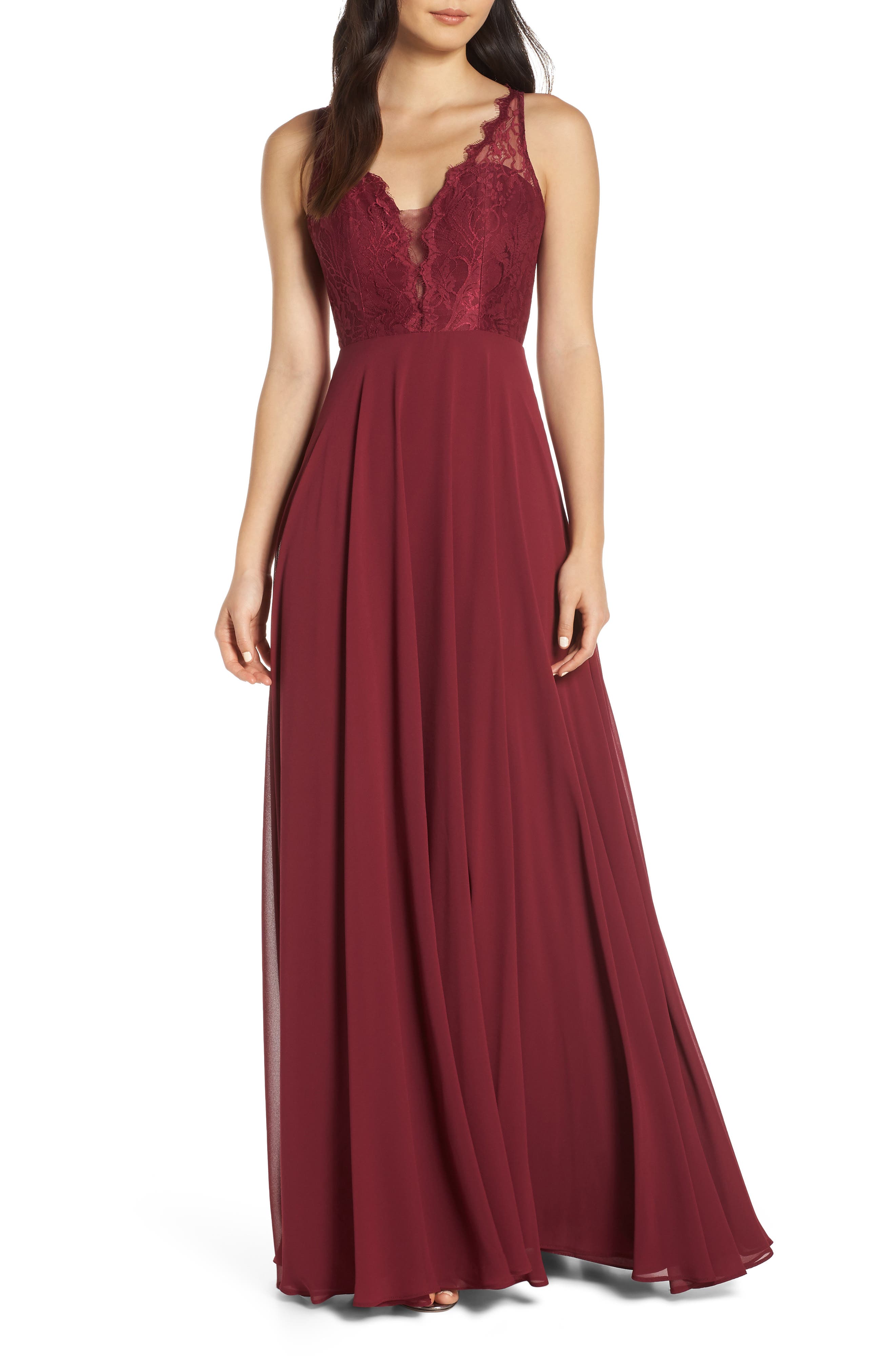 Hayley Paige Occasions Lace Bodice Chiffon Evening Dress, Burgundy