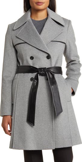 Via Spiga Belted Faux Leather Trim Wool Blend Coat Nordstrom