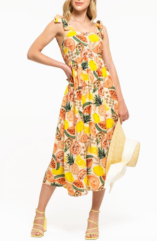 August Sky Fruit Print Tie Strap Midi Sundress In Ivory Multi