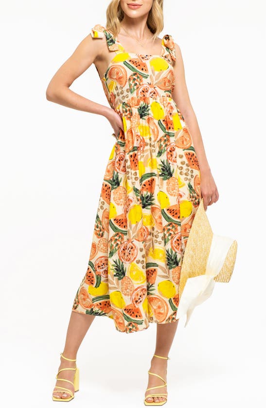 Shop August Sky Fruit Print Tie Strap Midi Sundress In Ivory Multi