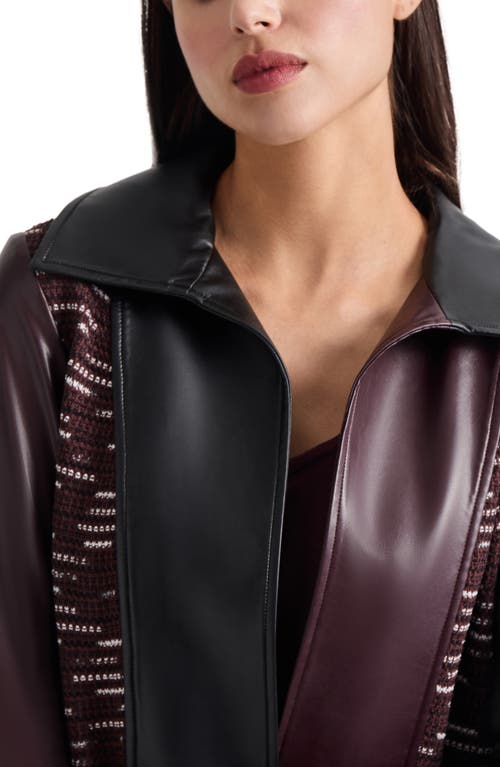 Misook Knit Panel Faux Leather Coat In Mahogany/black/new Ivory