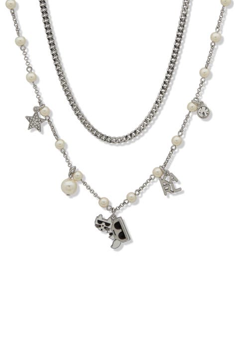Kocktail Enamel, Crystal & Imitation Pearl Logo Charm Layered Necklace