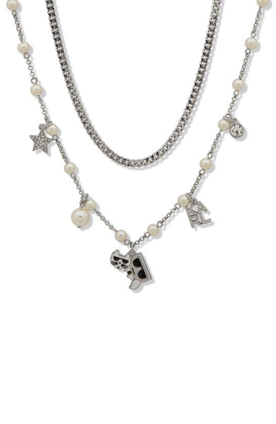 Karl Lagerfeld Kocktail Enamel, Crystal & Imitation Pearl Logo Charm Layered Necklace In Rhodium/ Pearl