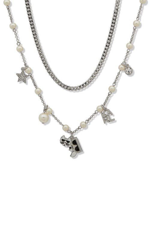 Shop Karl Lagerfeld Paris Kocktail Enamel, Crystal & Imitation Pearl Logo Charm Layered Necklace In Rhodium/pearl