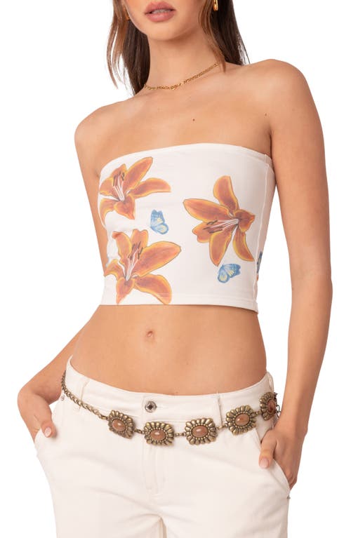 EDIKTED Tiger Lily Print Cotton Tube Top White at Nordstrom,