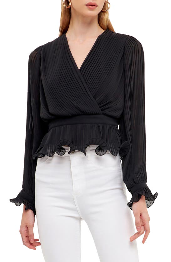 Shop Endless Rose Surplice Pleated Blouse In Black