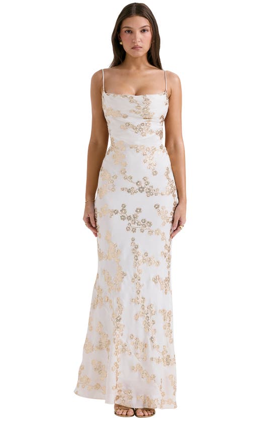 House Of Cb Caprina Embroidered Floral Trumpet Gown In White Gold