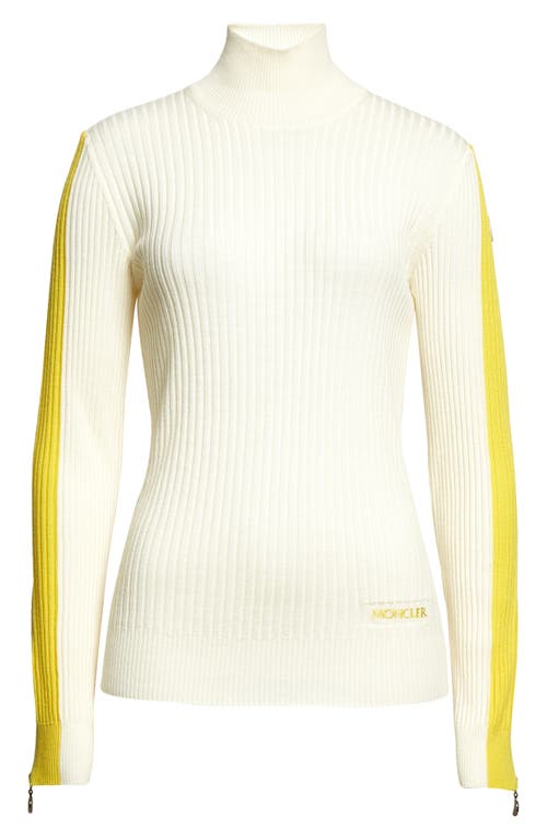 Shop Moncler Stripe Sleeve Funnel Neck Rib Wool Sweater In White/yellow