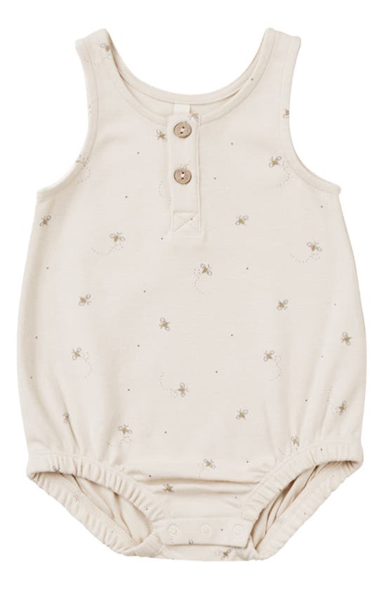 Quincy Mae Bee Print Organic Cotton Henley Romper In Natural-bees