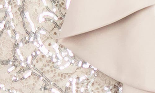 Eliza J Sequin Ruffle Sleeveless Lace Trumpet Gown In Champagne