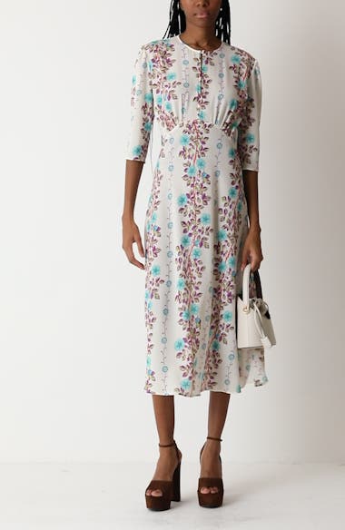 Etro Floral Print Puff Sleeve Midi Dress