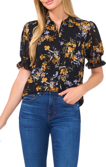 CeCe Floral Puff Sleeve Georgette Button-Up Top | Nordstrom