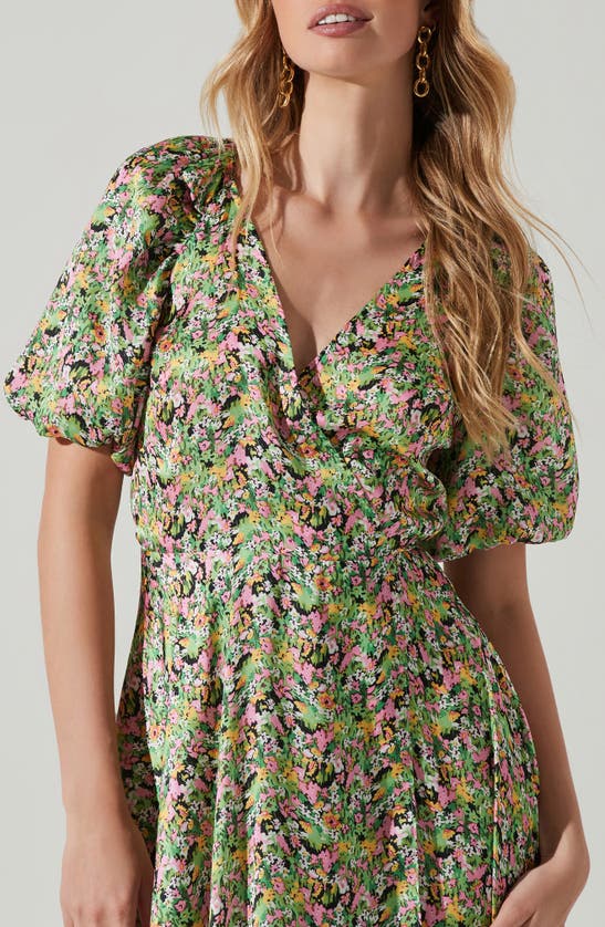 Shop Astr The Label Floral Puff Sleeve Wrap Dress In Pink Green Multi