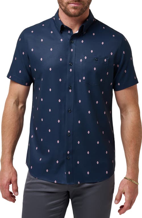 TravisMathew Lava Bed Diamond Print Short Sleeve Stretch Button-Up Shirt in Total Eclipse