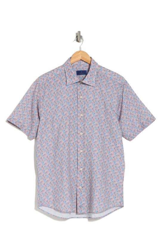 David Donahue Floral Casual Short Sleeve Cotton Button-up Shirt In Blue/ Melon