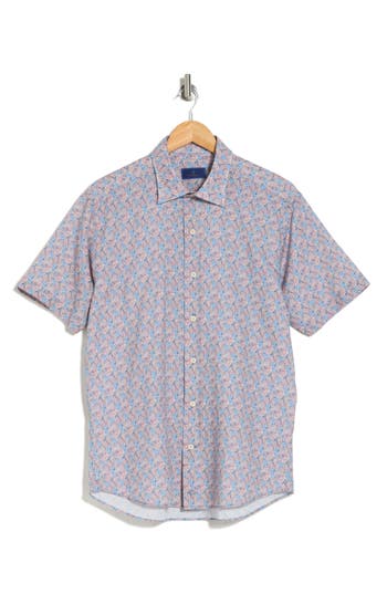 Shop David Donahue Floral Casual Short Sleeve Cotton Button-up Shirt In Blue/melon