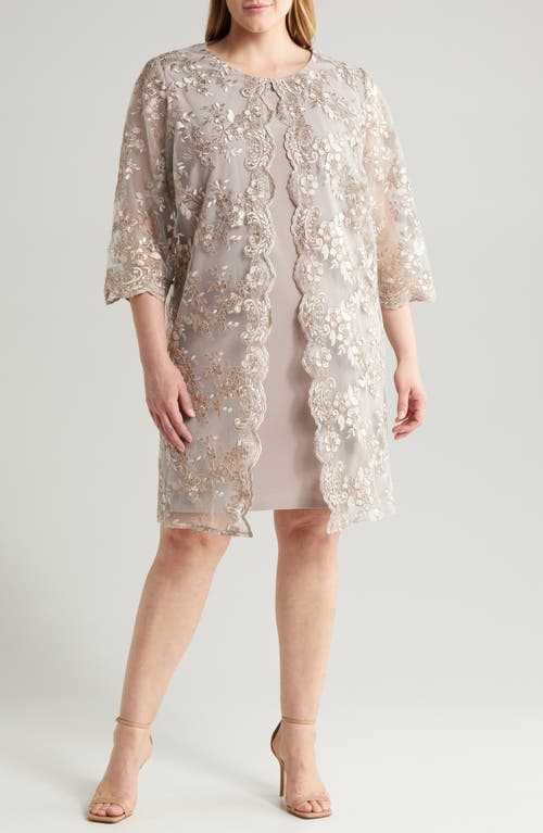 Embroidered Mock Jacket Cocktail Dress in Taupe