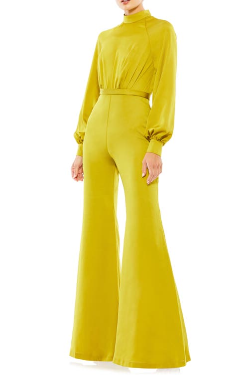 Ieena for Mac Duggal Long Sleeve Flare Leg Satin Jumpsuit Chartreuse at Nordstrom,