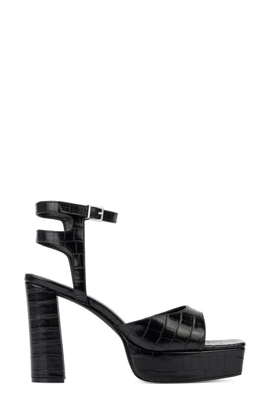 Fashion To Figure Hilari Croc Embossed Platform Heeled Sandal In Black