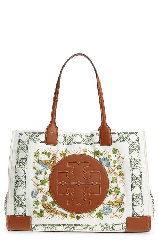 Shop Tory Burch Ella Print Recycled Polyester Tote In Caning Logo With Birds