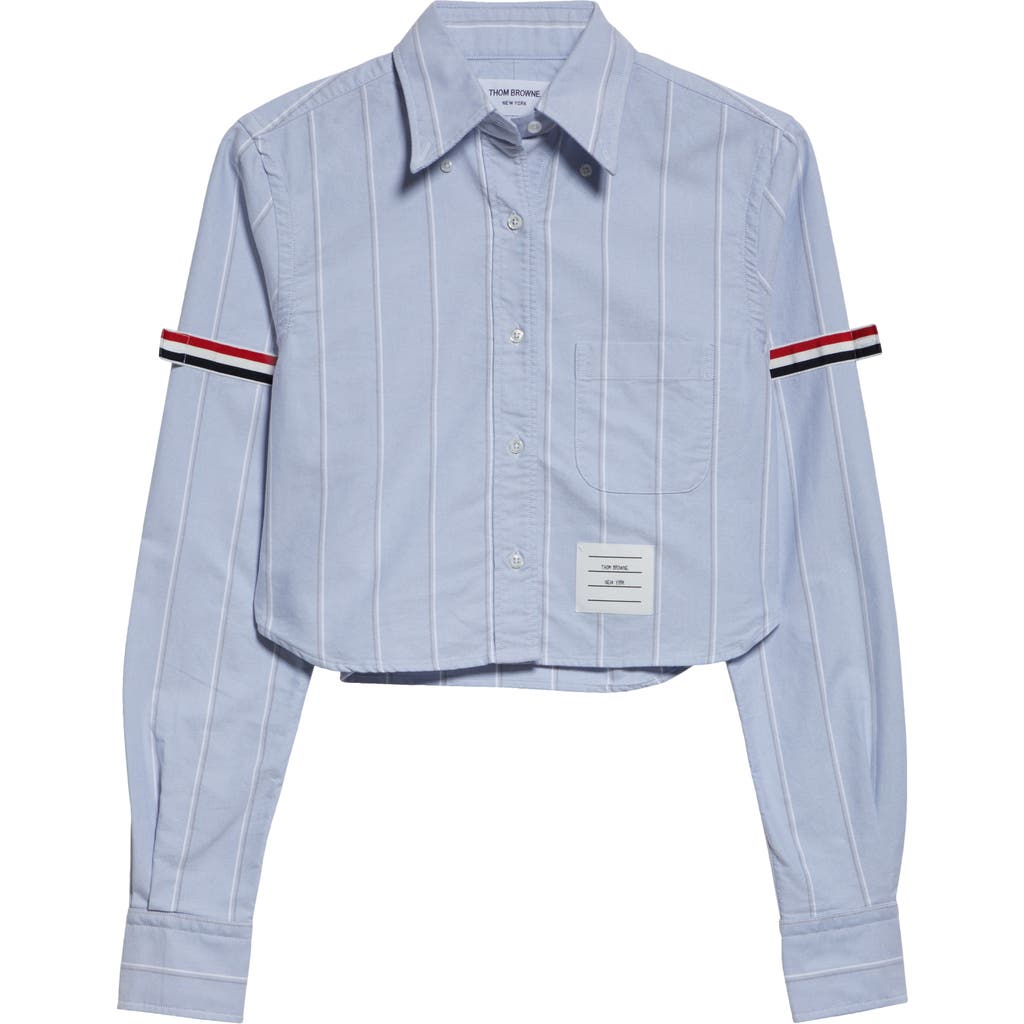 Thom Browne Armband Stripe Cotton Poplin Crop Button-down Shirt In Blue