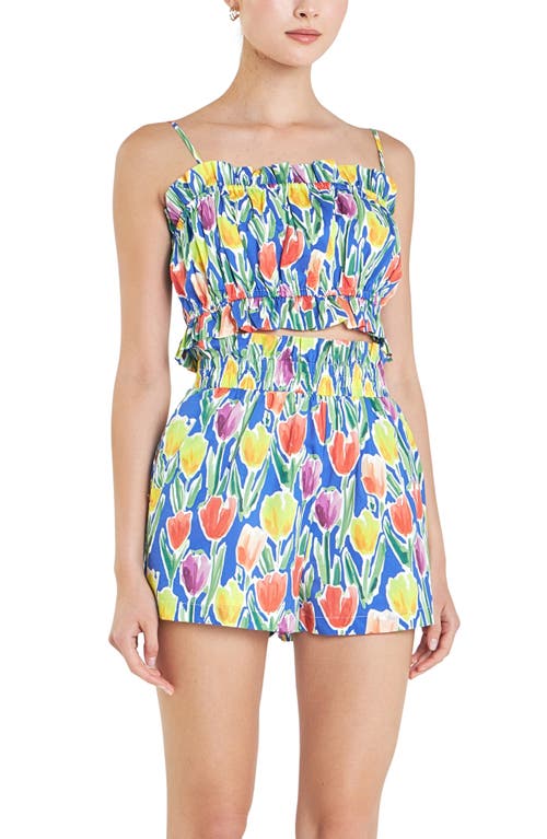 English Factory Tulip Print Ruffle Cotton Crop Top In Blue Multi